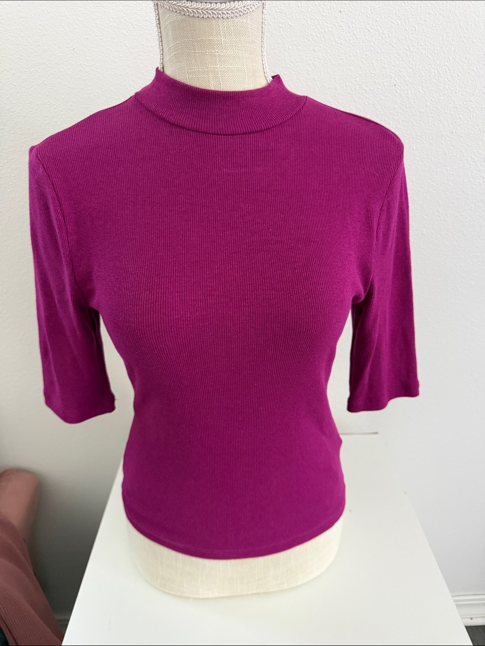Express Short-Sleeve Mock Neck Top in Magenta